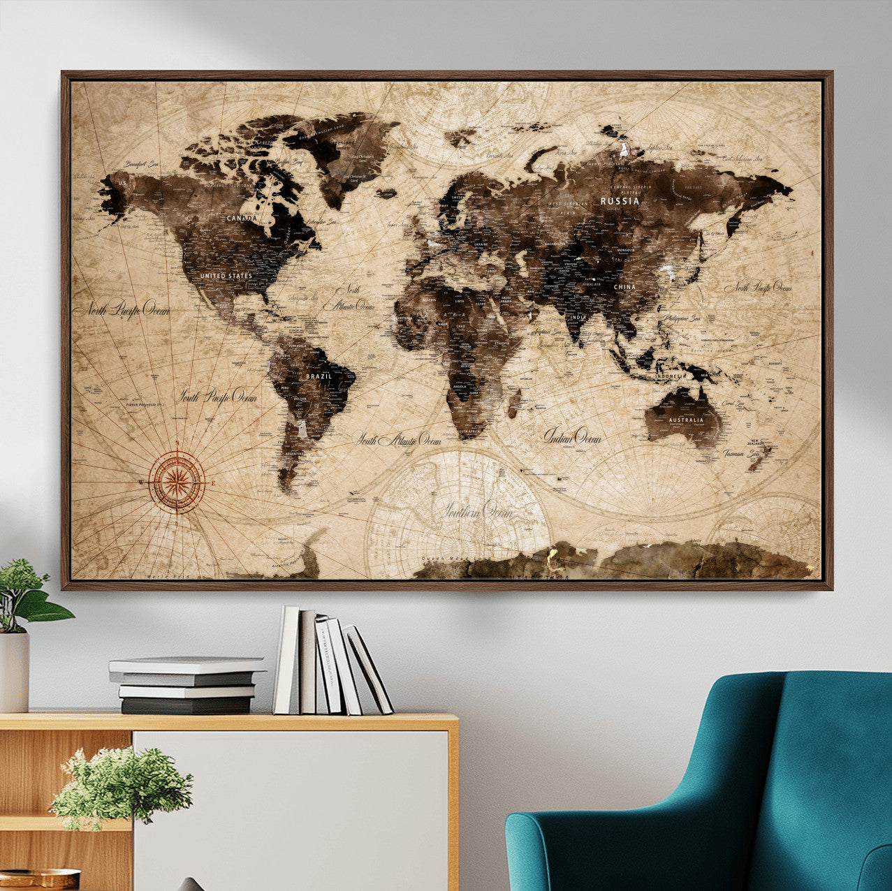 97114757-MGV-FC-36X24 - Vintage World Map Wall Art Canvas Print, Modern Decorative Framed Map Artwork Prints for Living Room, Office, Bedroom Wall Decor