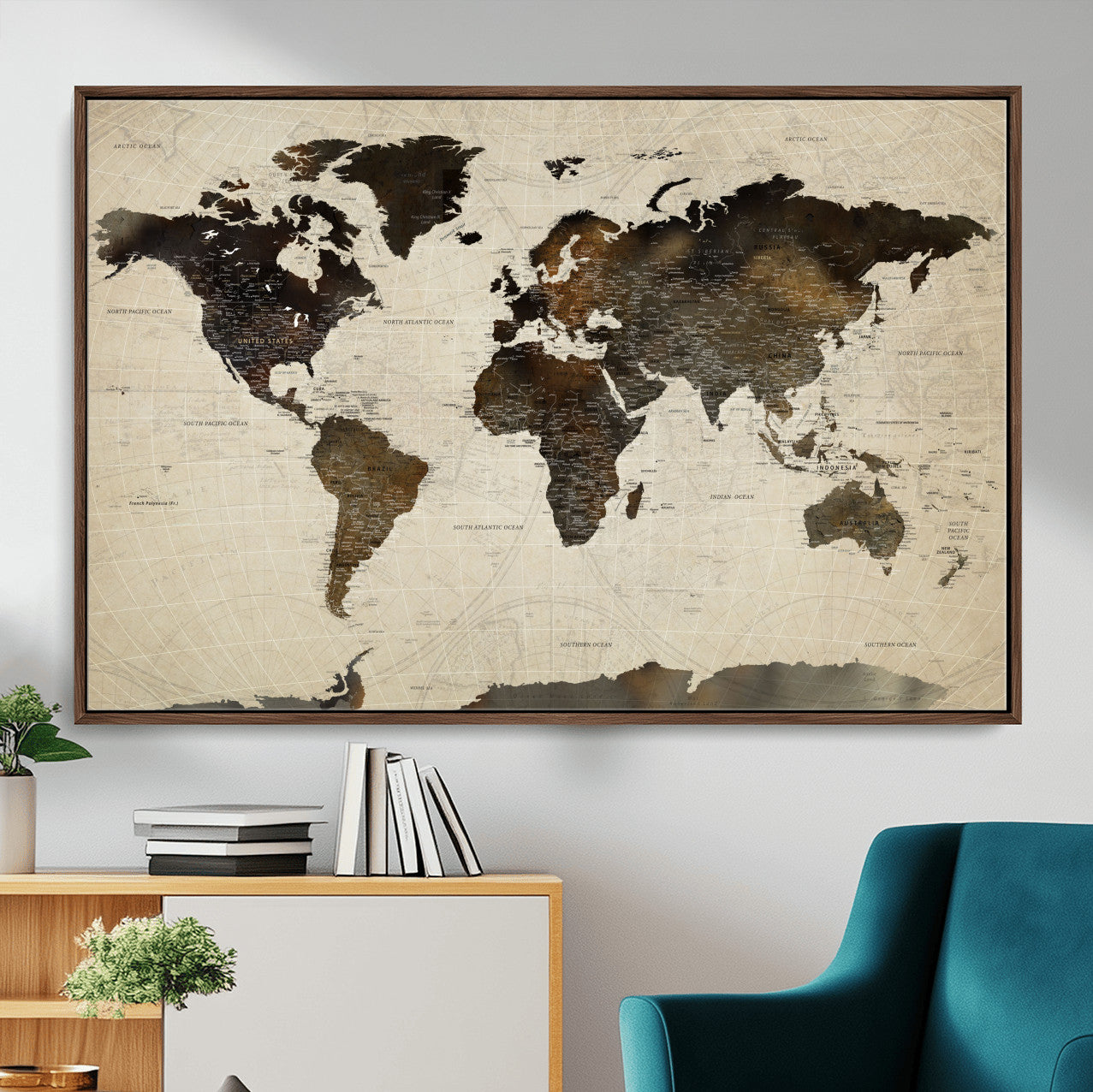 81771296-MGV-FC-36X24 - World Map Wall Art Canvas Print, Modern Decorative Framed Map Artwork Prints for Living Room, Office, Bedroom Wall Decor