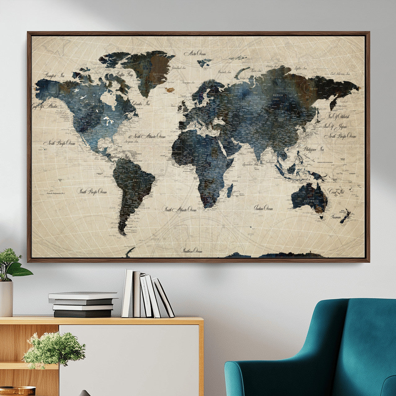 33438443-MGV-FC-36X24 - World Map Wall Art Canvas Print, Modern Decorative Framed Map Artwork Prints for Living Room, Office, Bedroom Wall Decor