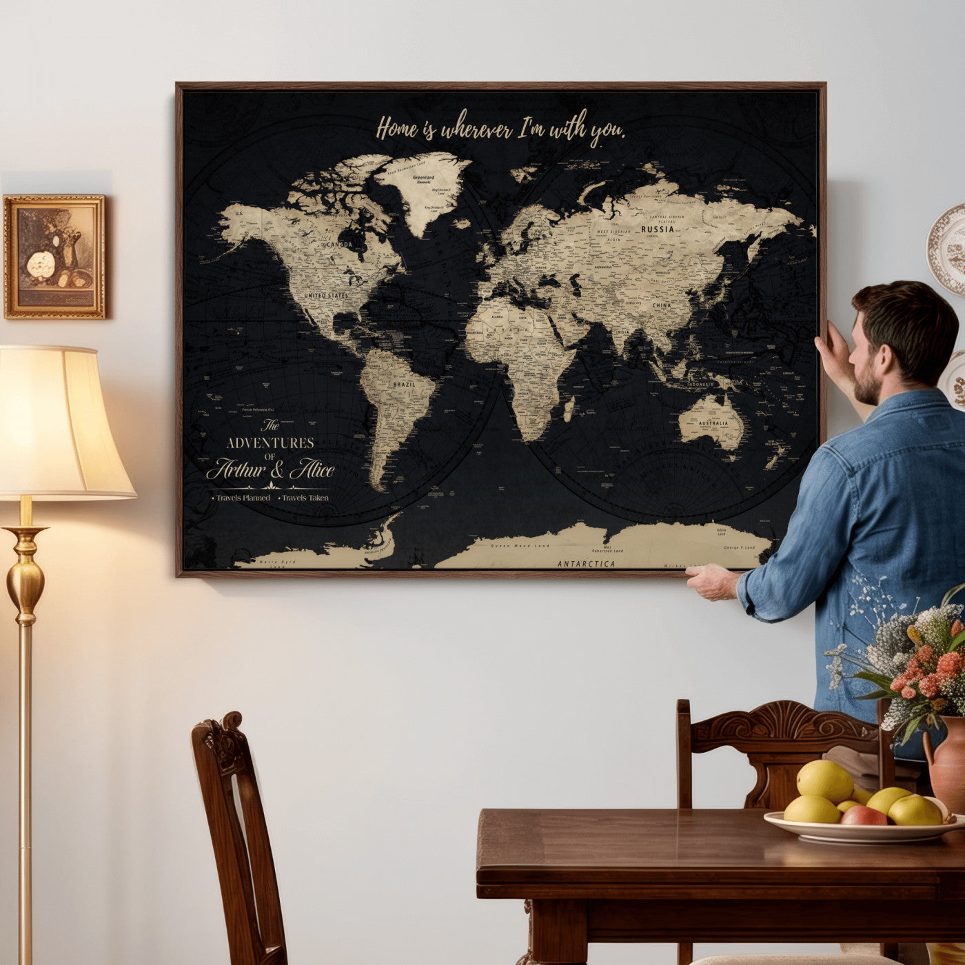 87955516-MGV-FC-36X24 - Customized Push Pin World Map Wall Art Canvas Print with Pins, Framed Personalize Travel Tracker Map, World Map for Living Room and Office Decor