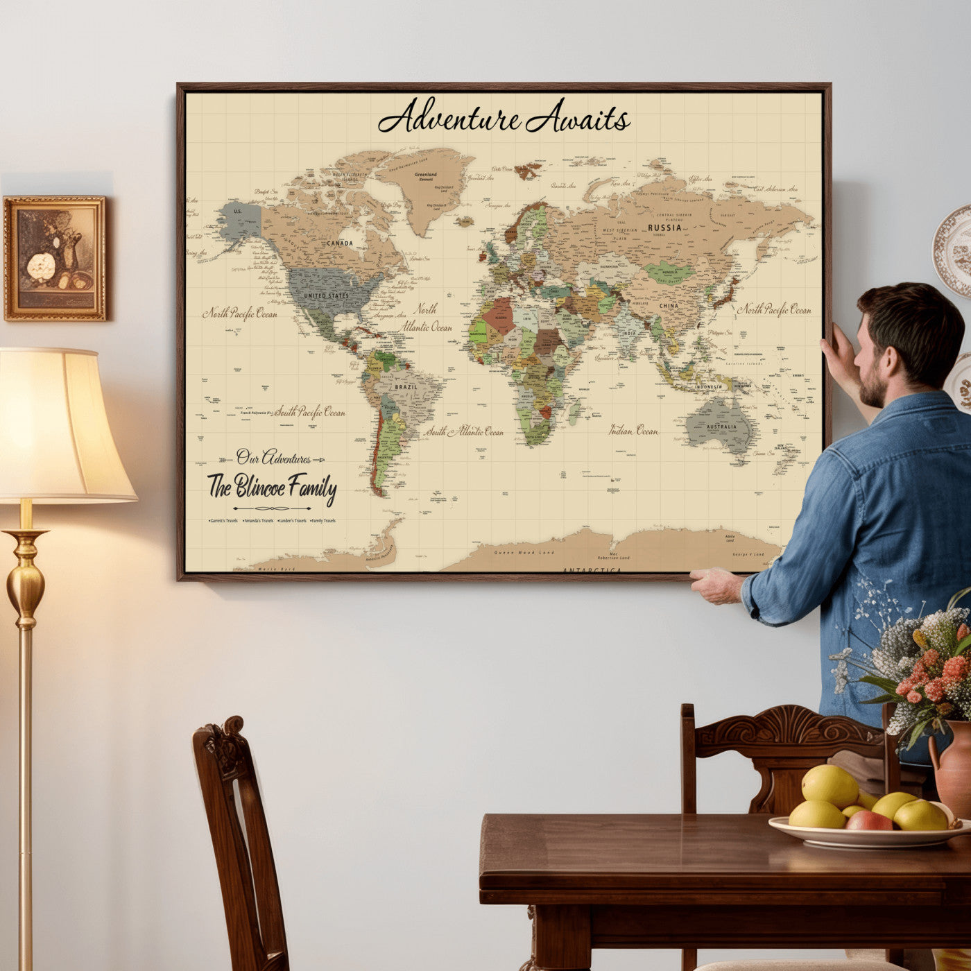 63407426-MGV-FC-36X24 - Customized Push Pin World Map Wall Art Canvas Print with Pins, Framed Personalize Travel Tracker Map, World Map for Living Room and Office Decor
