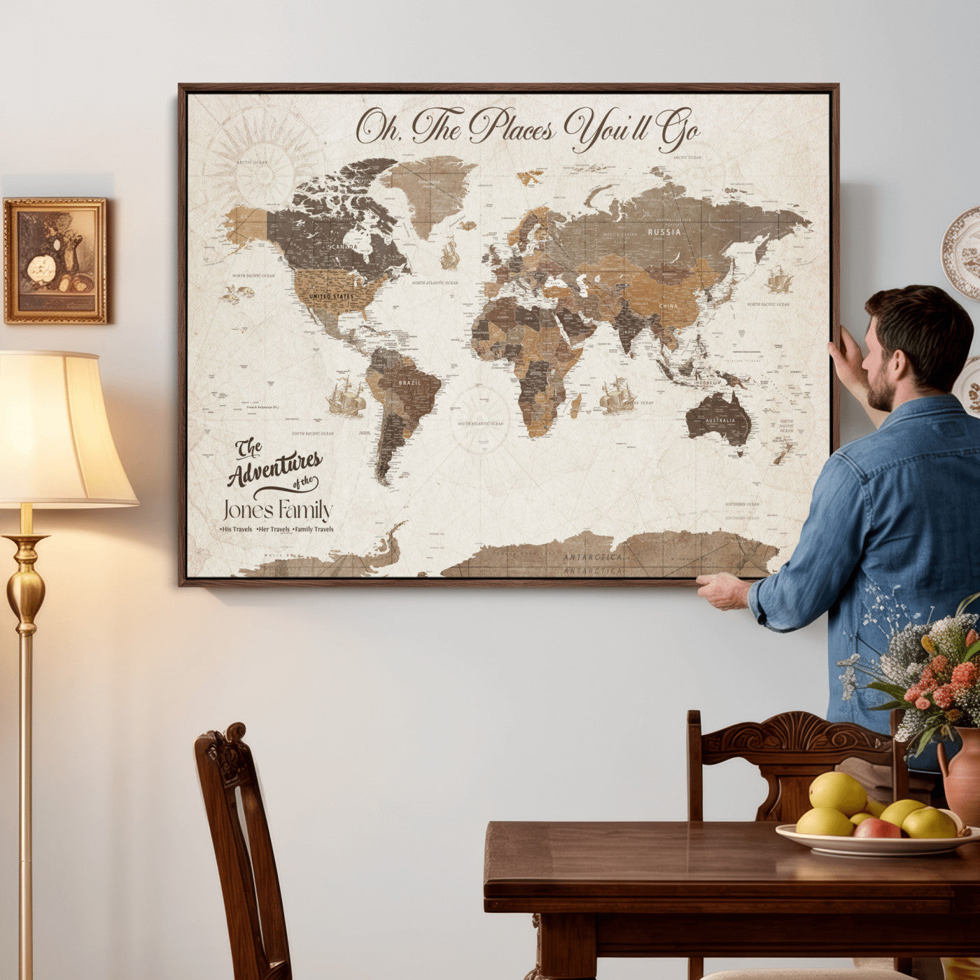 97885954-MGV-FC-36X24 - Customized Push Pin World Map Wall Art Canvas Print with Pins, Framed Personalize Travel Tracker Map, World Map for Living Room and Office Decor