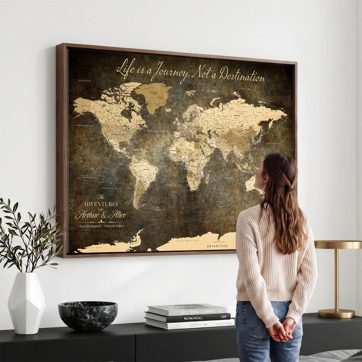 75877068-MGV-CV-36X24 - Custom Push Pin Travel Map Canvas Print, Couples Countries Visited Map, Bedroom and Study Decor
