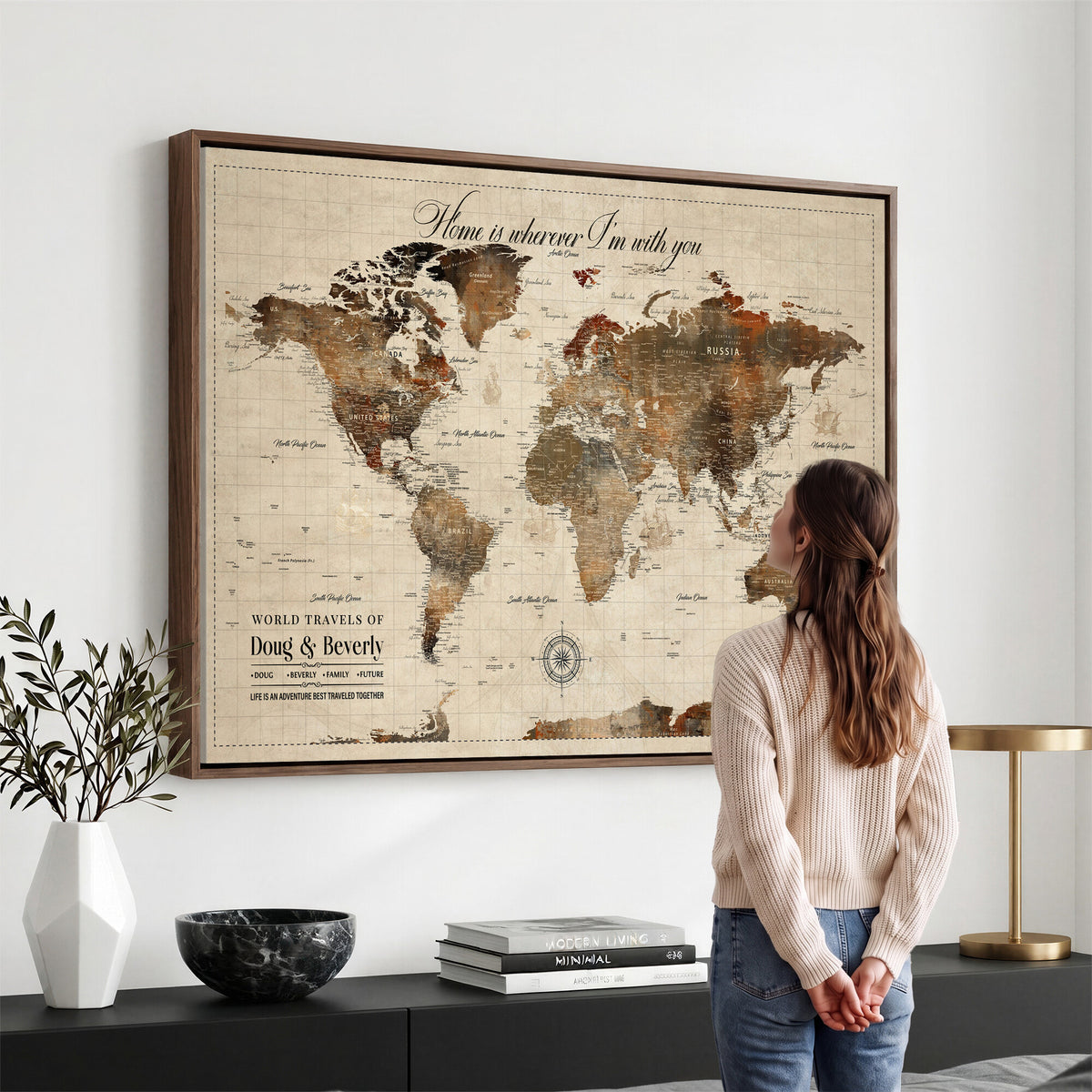 94399474-MGV-CV-36X24 - Large Custom Framed Beige Vintage World Travel Map Wall Art with Pins, Couples Countries Visited Map, Living Room and Hallway Decor