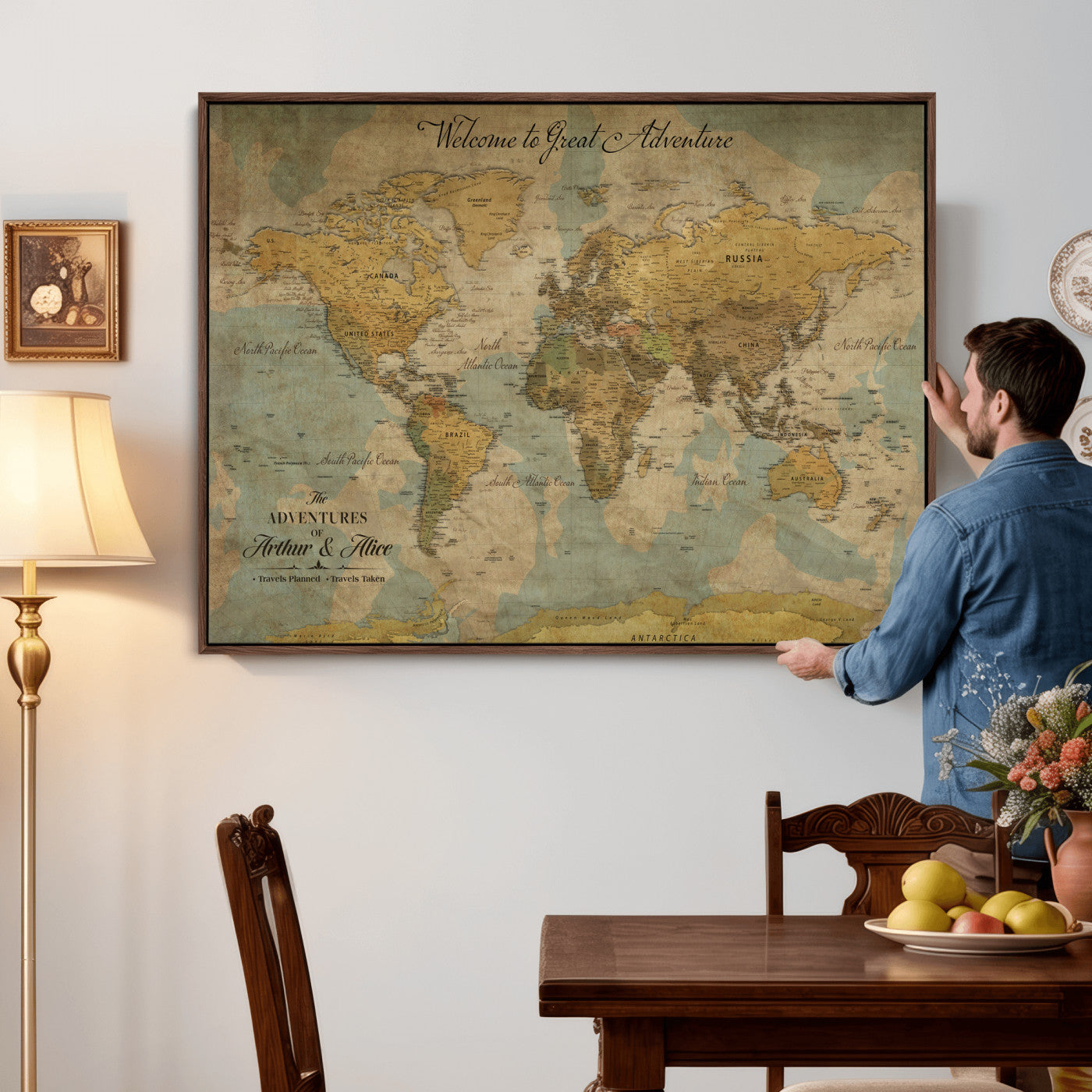 37903085-MGV-CV-36X24 - Custom Push Pin World Map Wall Art Canvas Print – Personalized Travel Tracker with Pins Framed Large for Home and Office Decor