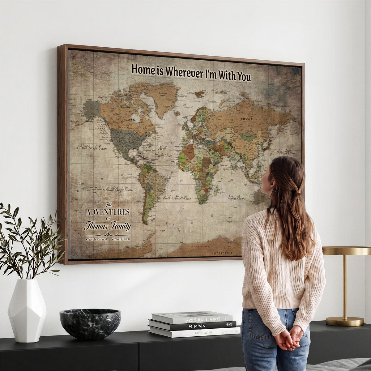 22593671-MGV-CV-36X24 - Personalized Beige Geometric World Map Canvas with Push Pins, Next Trip Planner Map, Study and Entryway Decor