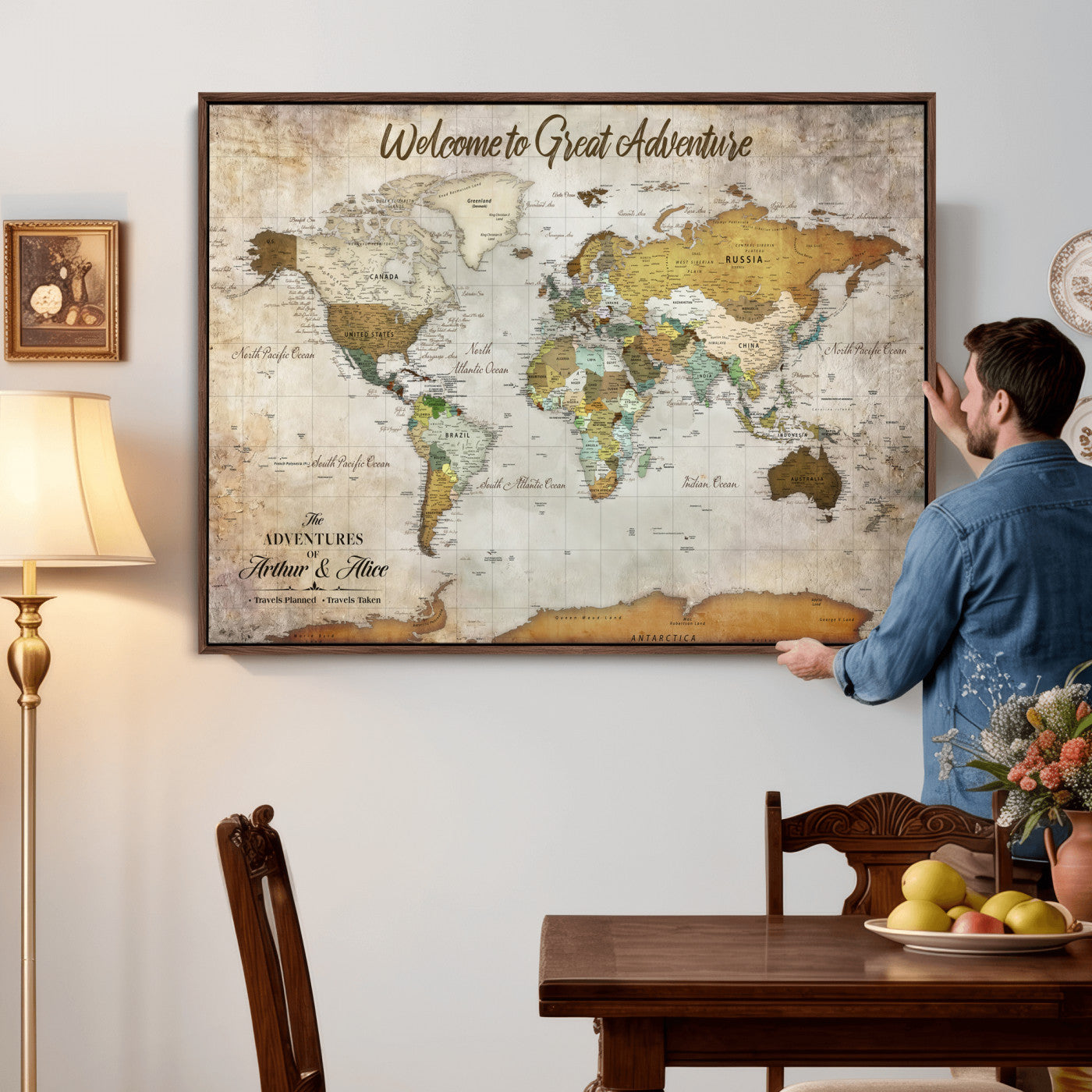 33043195-MGV-CV-36X24 - Custom Push Pin World Map Wall Art Canvas Print – Personalized Travel Tracker with Pins Framed Large for Home and Office Decor
