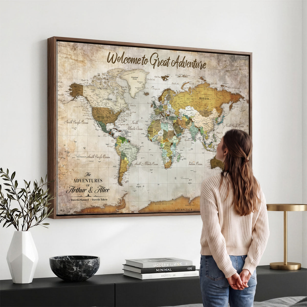 33043195-MGV-CV-36X24 - Personalized Beige World Travel Map Wall Art with Pins, Family Travel Tracker, Family Room and Study Decor