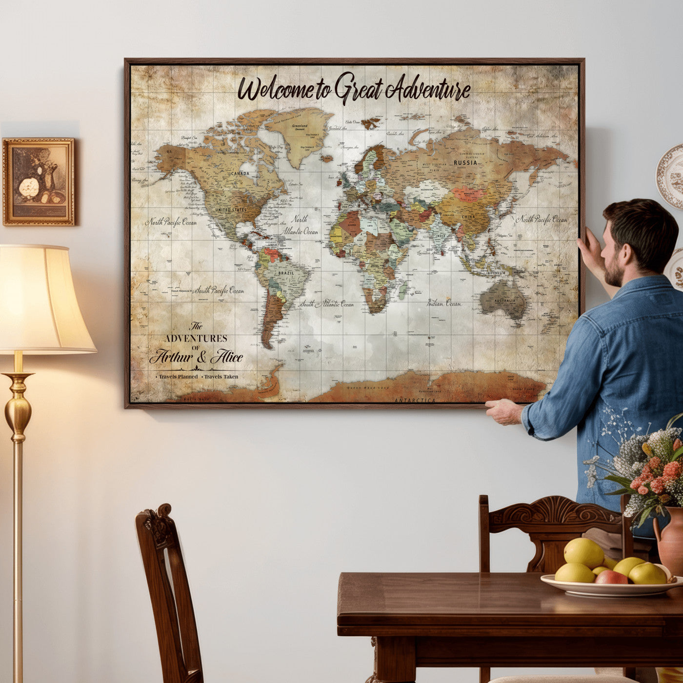 22906161-MGV-CV-36X24 - Custom Push Pin World Map Wall Art Canvas Print – Personalized Travel Tracker with Pins Framed Large for Home and Office Decor