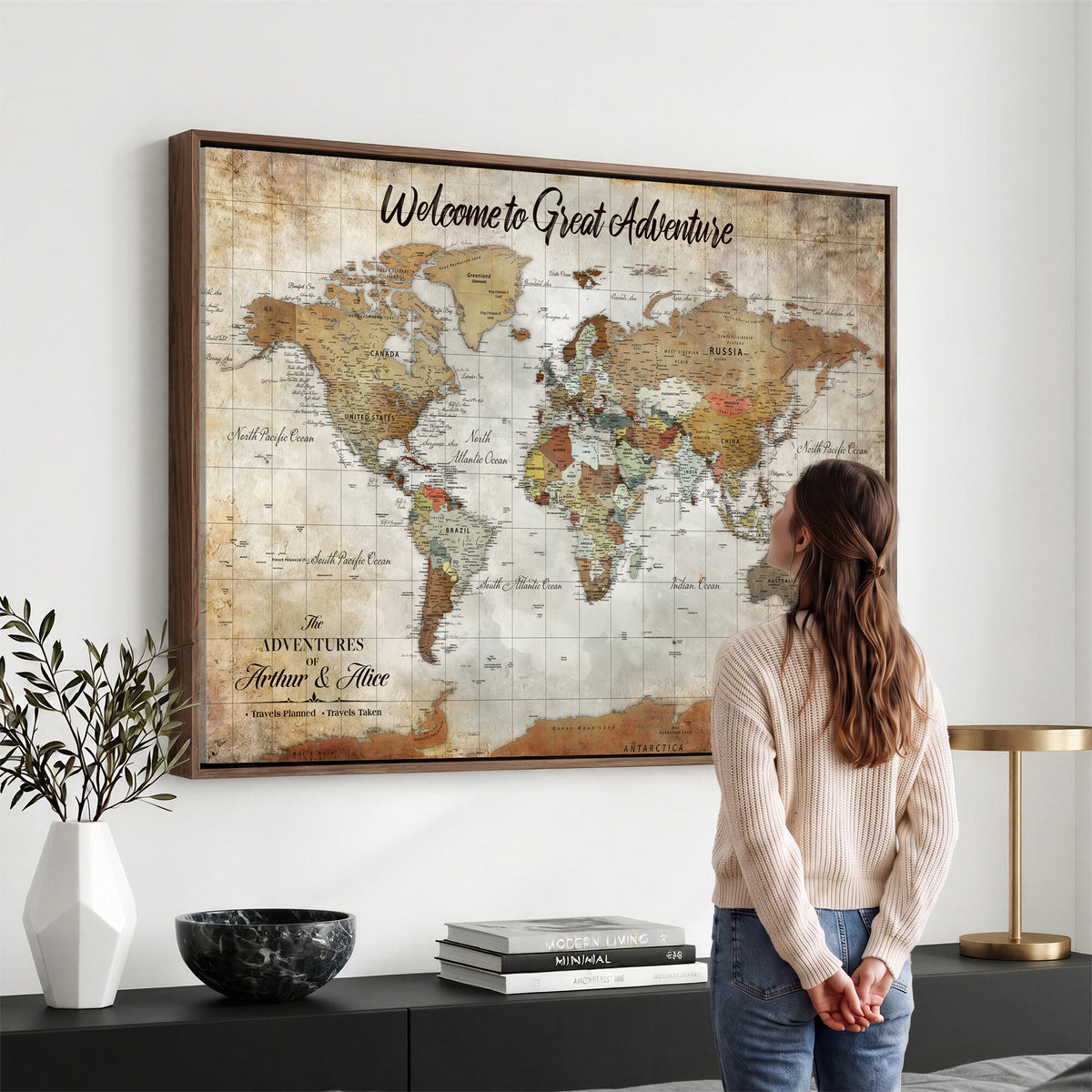 22906161-MGV-CV-36X24 - Personalized Beige Push Pin World Map Wall Art, Bucket List Map, Living Room and Family Room Decor