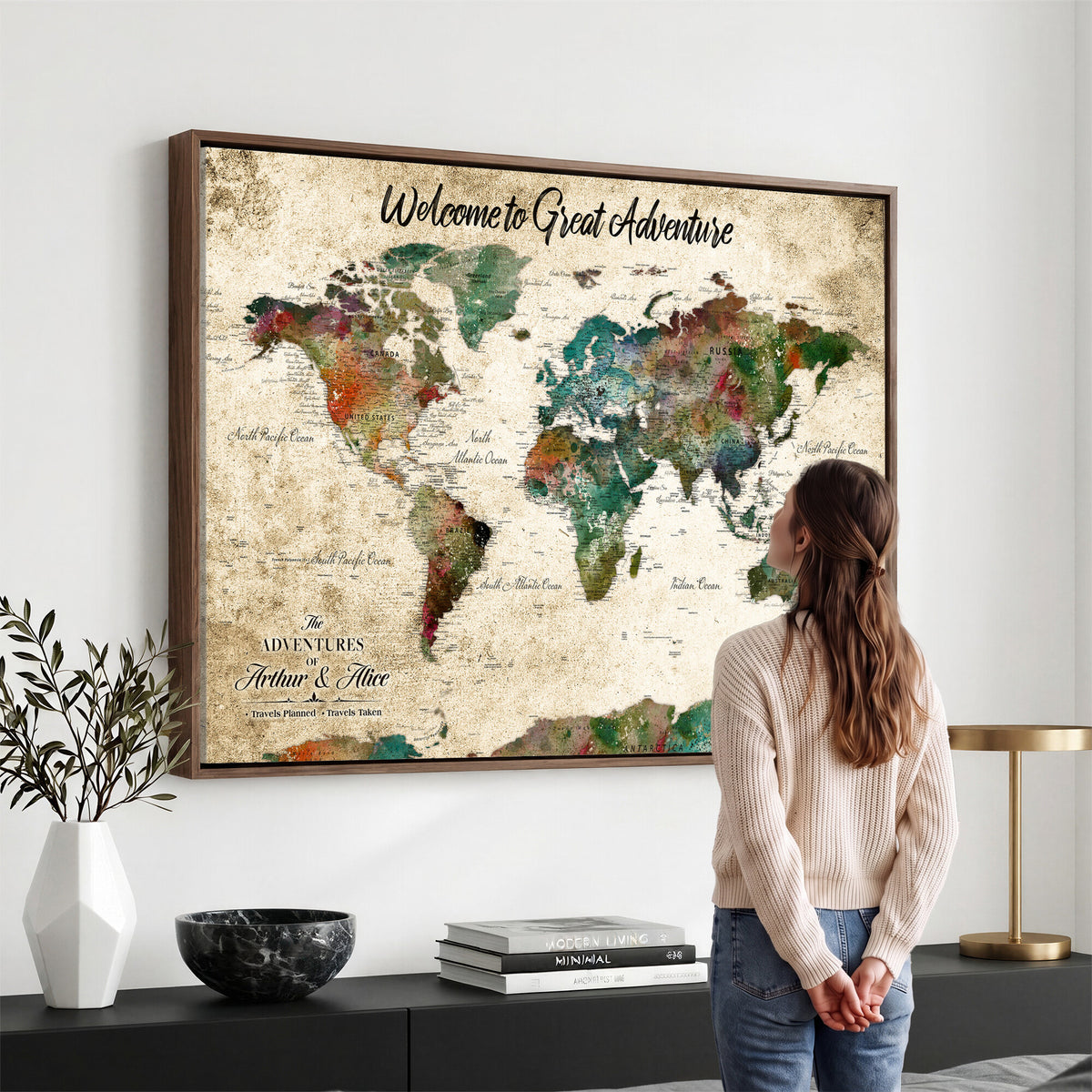 89225601-MGV-CV-36X24 - Personalized Beige Grunge World Map Canvas with Push Pins, Next Trip Planner Map, Family Room and Home Office Decor