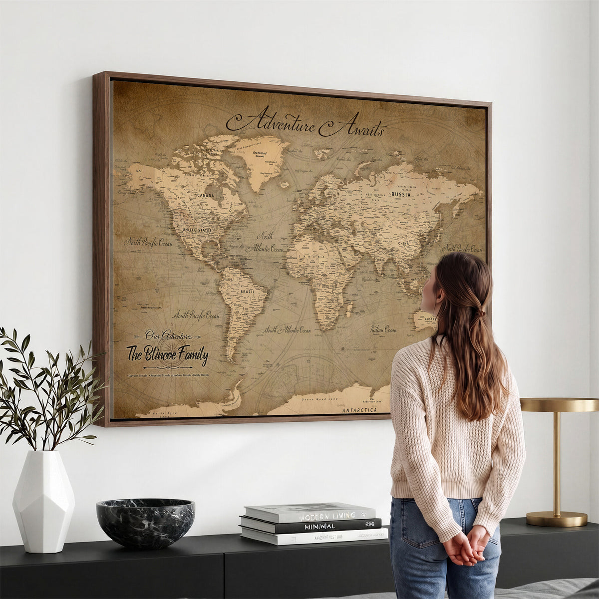 59418012-MGV-CV-36X24 - Personalized Framed Beige World Travel Map Wall Art with Pins, Family Travel Tracker, Family Room and Entryway Decor