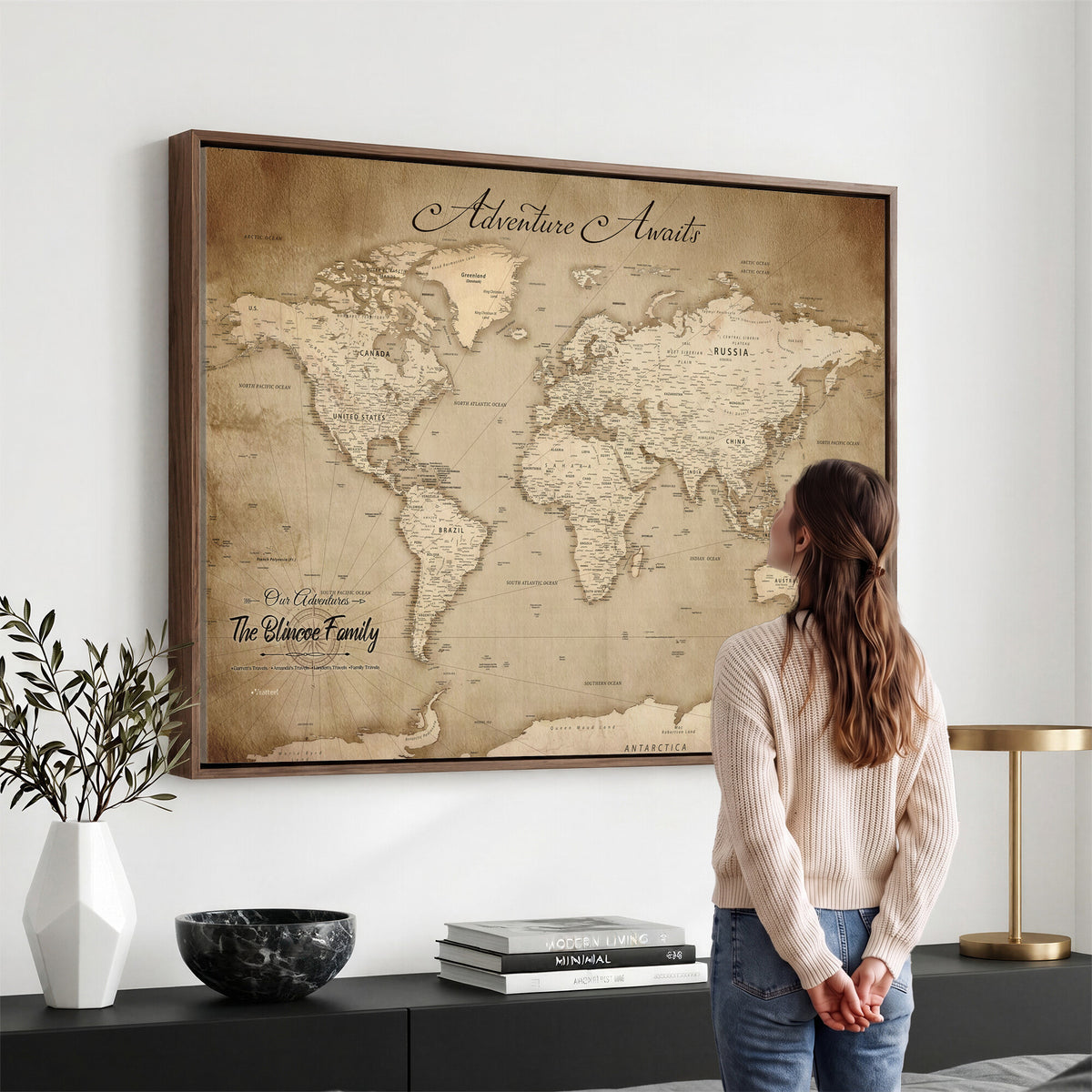 59757370-MGV-CV-36X24 - Personalized Black Modern Push Pin World Map Wall Art, Places Visited Tracker, Family Room and Bedroom Decor