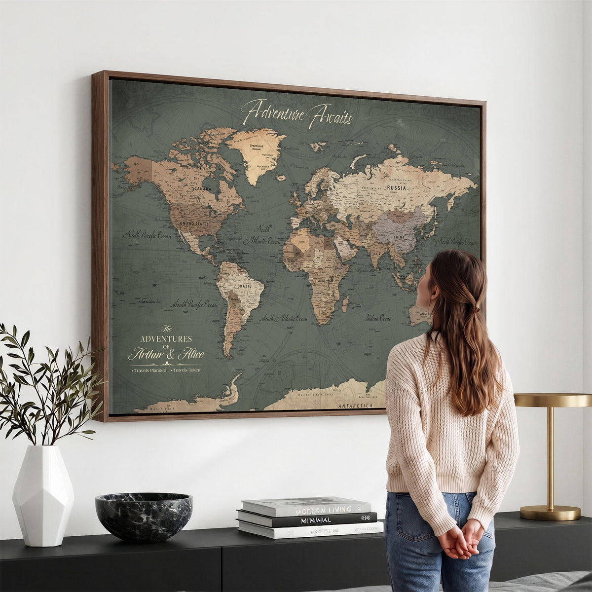 24734446-MGV-CV-36X24 - Personalized Framed Beige Modern World Map Canvas with Push Pins, Bucket List Map, Family Room and Dining Room Decor