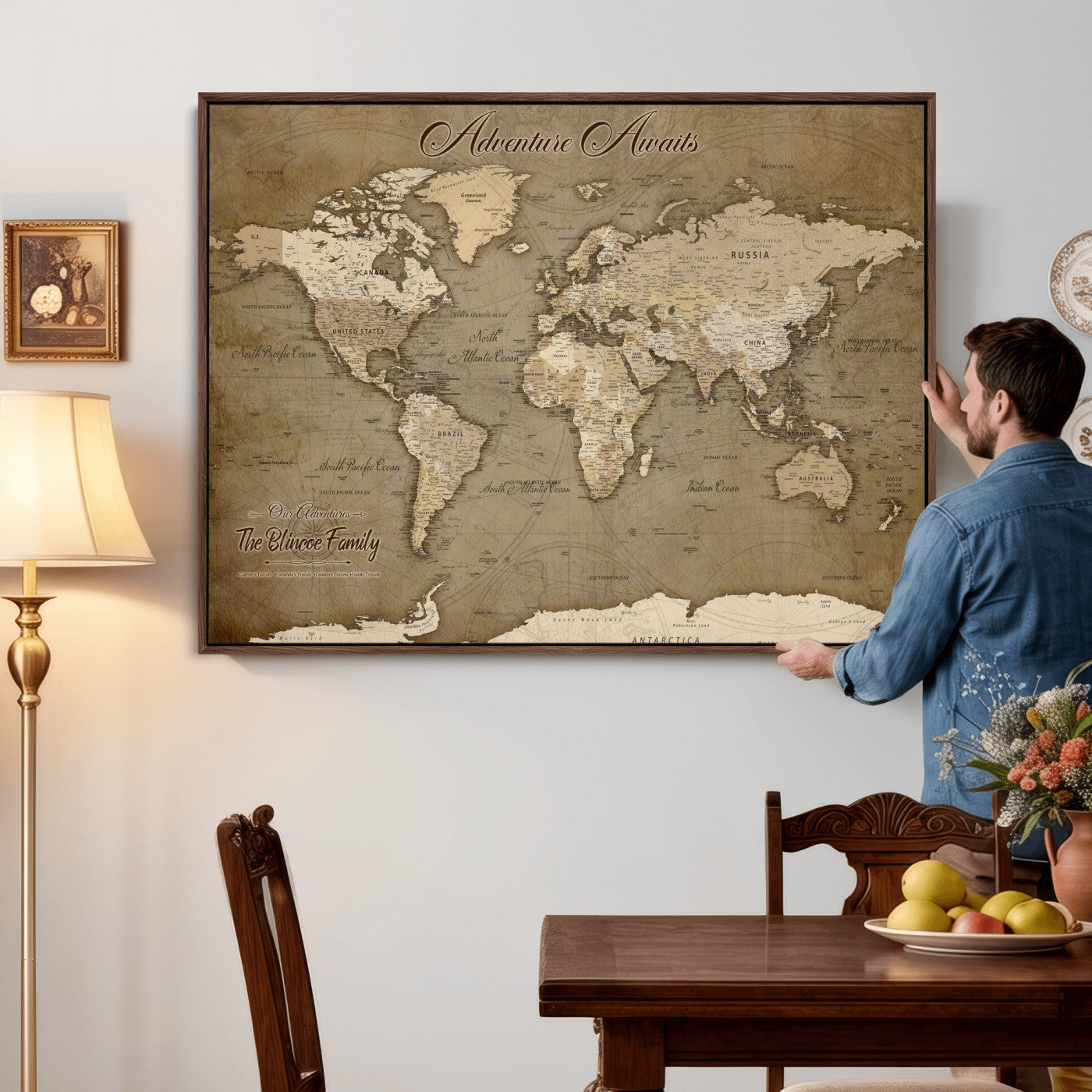 96775856-MGV-CV-36X24 - Custom Push Pin World Map Wall Art Canvas Print – Personalized Travel Tracker with Pins Framed Large for Home and Office Decor