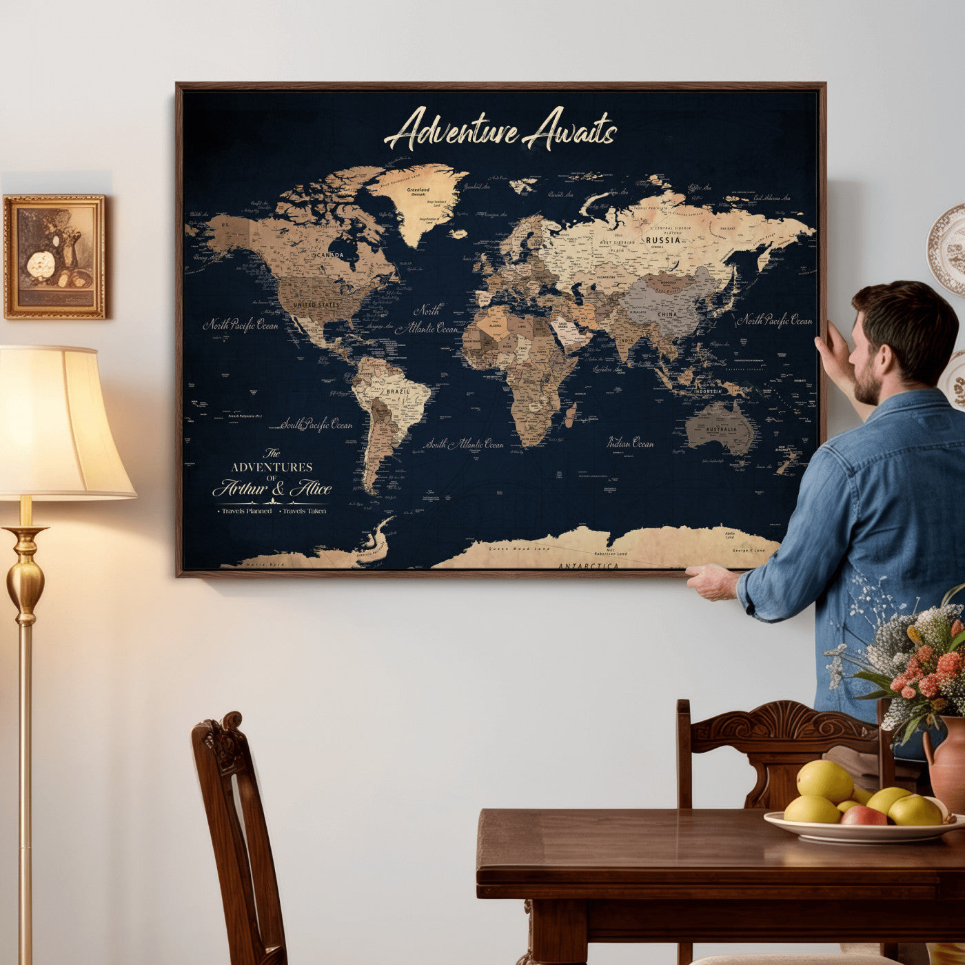64110301-MGV-CV-36X24 - Custom Push Pin World Map Wall Art Canvas Print - Personalized Travel Tracker with Pins Framed Large for Home and Office Decor