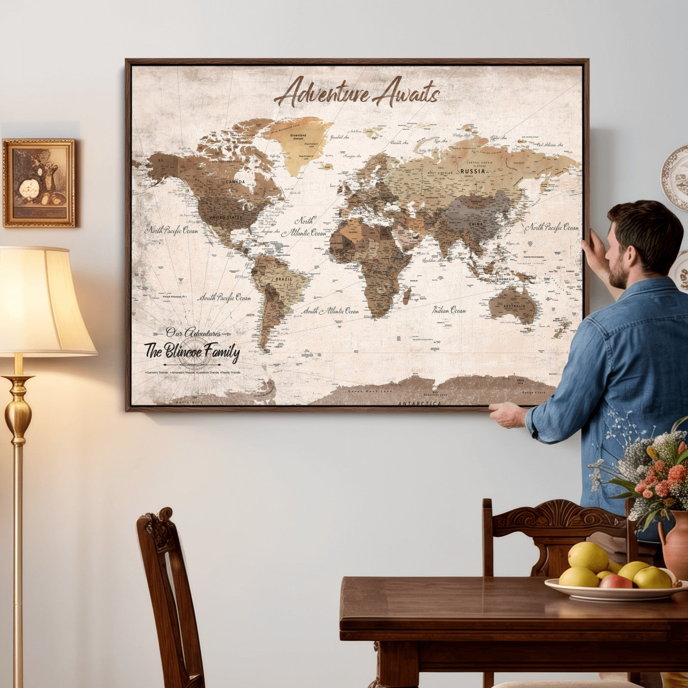 70887266-MGV-CV-36X24 - Custom Push Pin World Map Wall Art Canvas Print – Personalized Travel Tracker with Pins Framed Large for Home and Office Decor