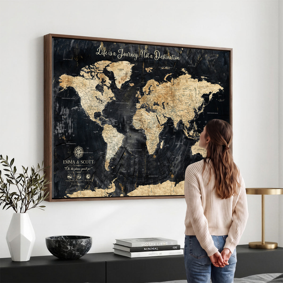 NEWMAP-13-MGV-CV-36X24 - Personalized Framed Navy Modern Push Pin World Map Canvas Print, Couples Countries Visited Map, Family Room and Study Decor