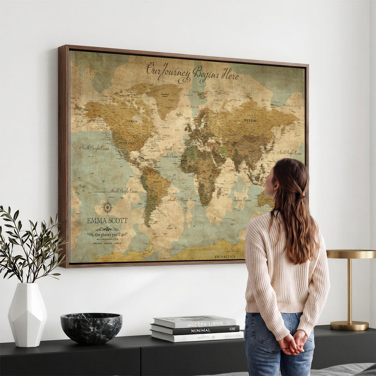 66550749-MGV-CV-36X24 - Custom Push Pin World Map Wall Art Canvas Print | Personalized Travel Tracker with Pins Framed Large for Home and Office Decor
