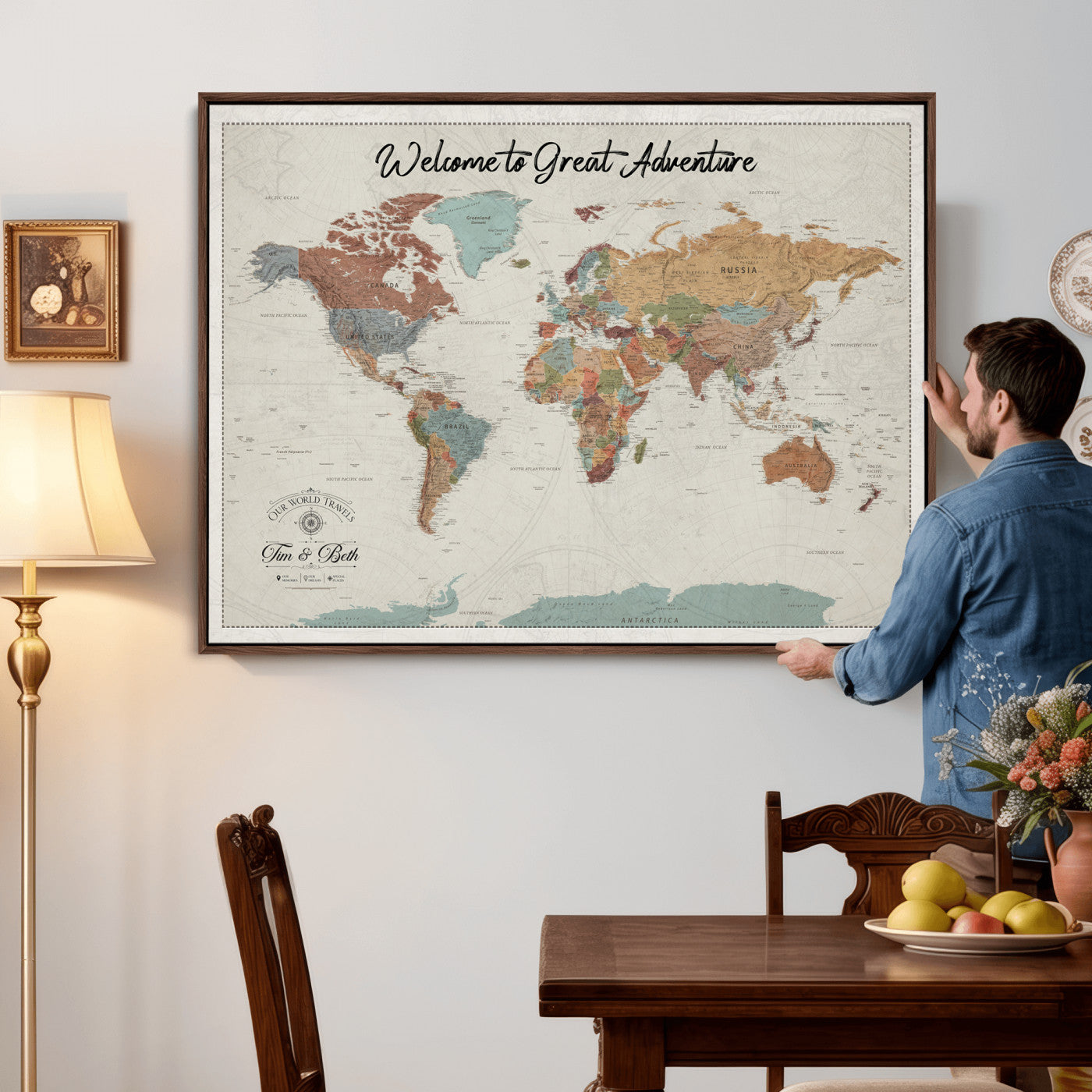 32470528-MGV-CV-36X24 - Custom Push Pin World Map Wall Art Canvas Print – Personalized Travel Tracker with Pins Framed Large for Home and Office Decor