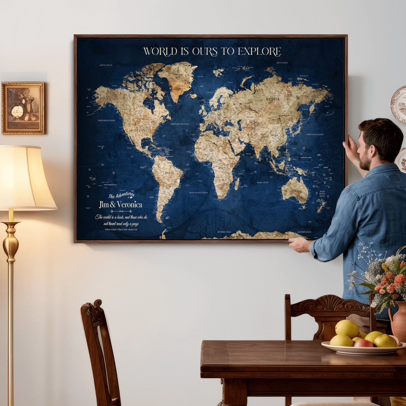35296308-MGV-CV-36X24 - Custom Push Pin World Map Wall Art Canvas Print – Personalized Travel Tracker with Pins Framed Large for Home and Office Decor