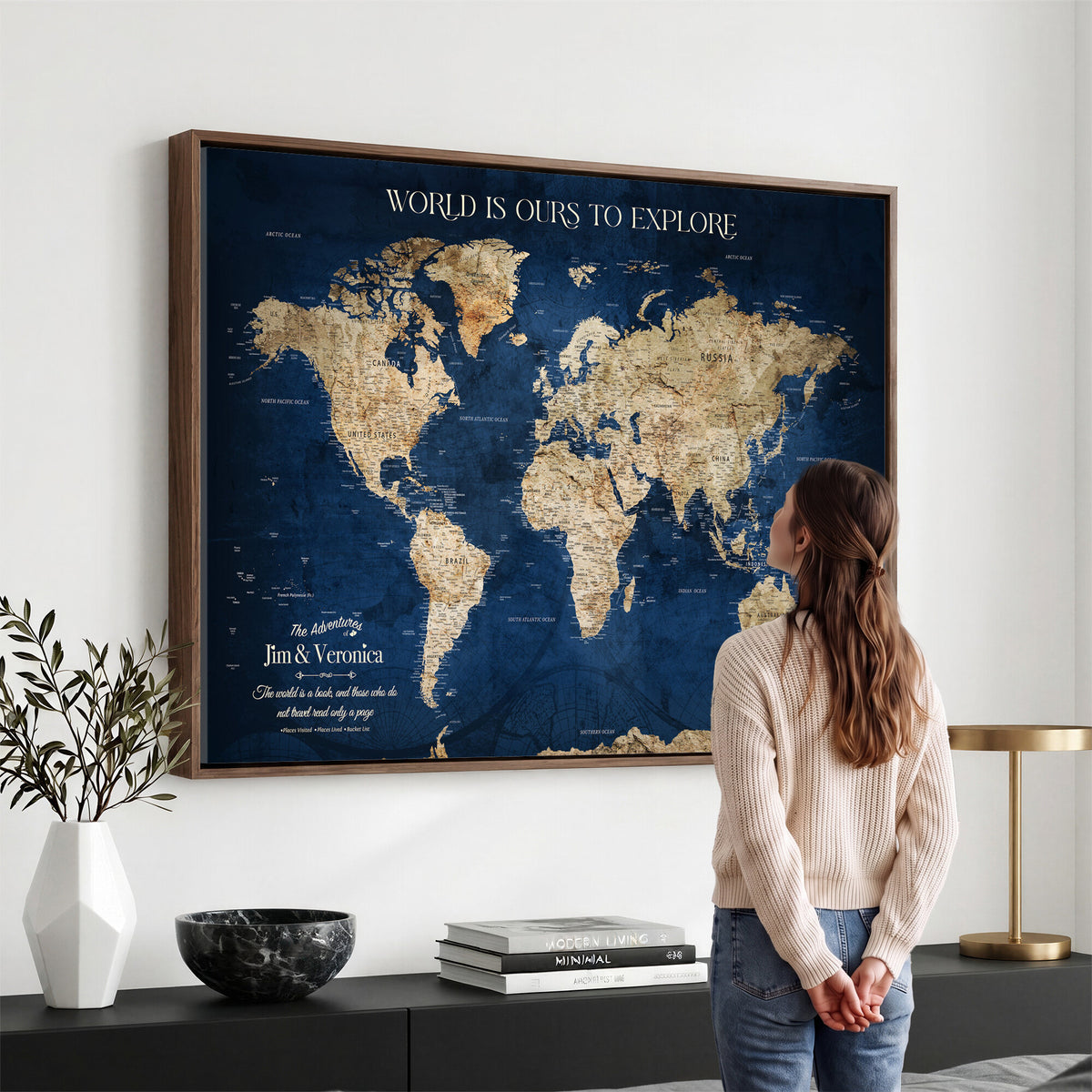 35296308-MGV-CV-36X24 - Custom Push Pin World Map Wall Art Canvas Print – Personalized Travel Tracker with Pins Framed Large for Home and Office Decor
