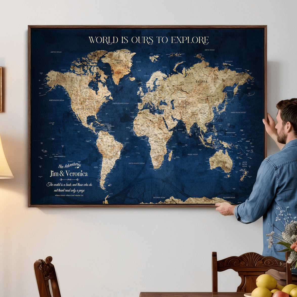 35296308-MGV-CV-36X24 - Custom Push Pin World Map Wall Art Canvas Print – Personalized Travel Tracker with Pins Framed Large for Home and Office Decor