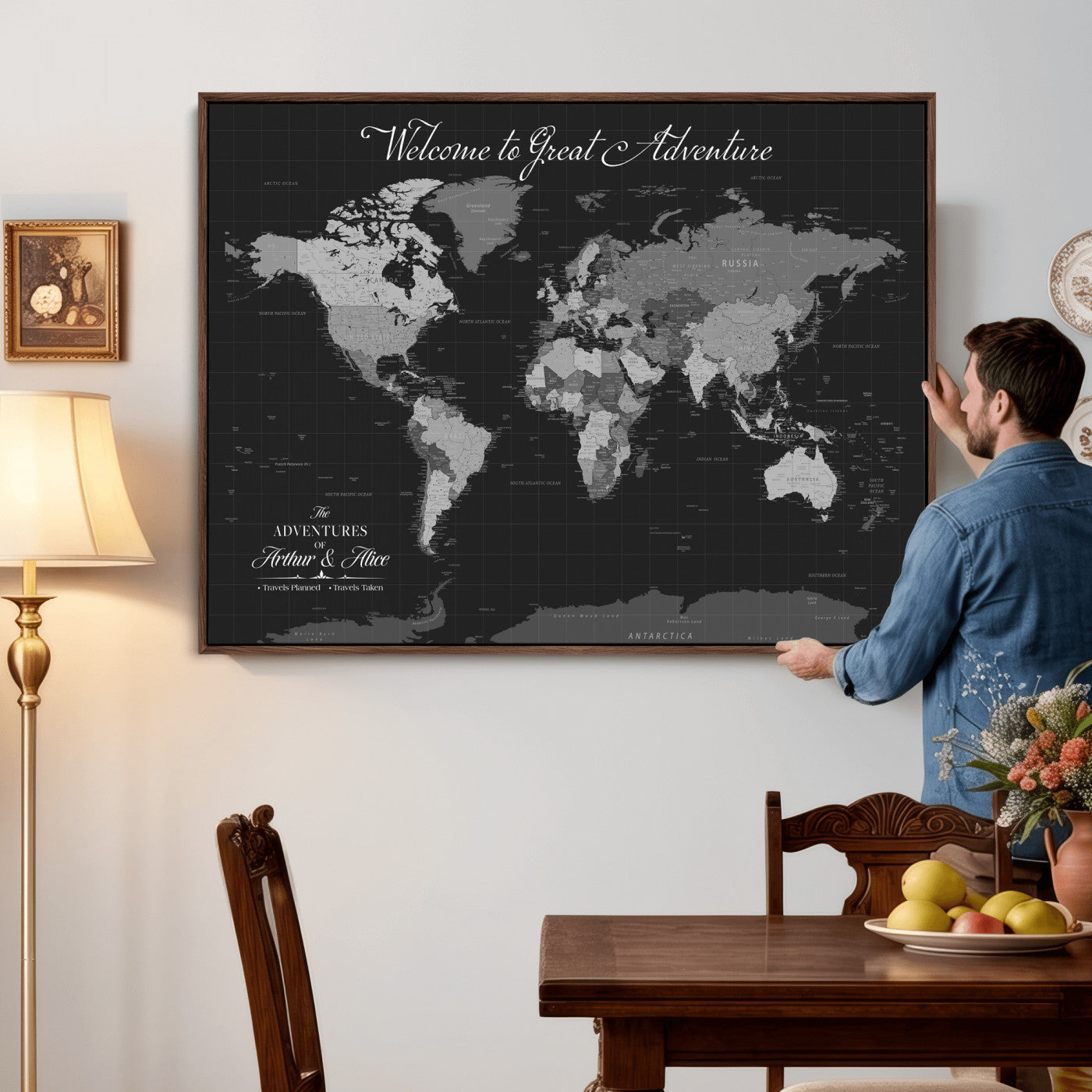 57127599-MGV-CV-36X24 - Custom Push Pin World Map Wall Art Canvas Print – Personalized Travel Tracker with Pins Framed Large for Home and Office Decor