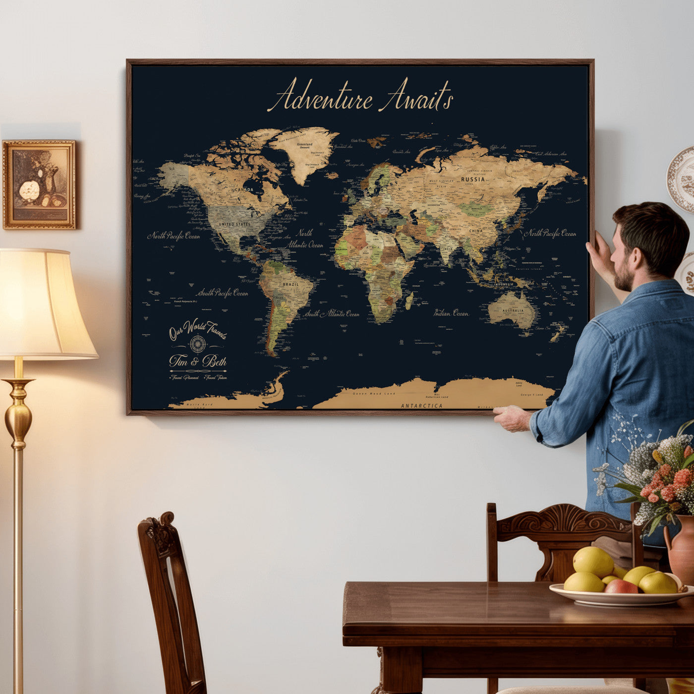 45739634-MGV-CV-36X24 - Custom Push Pin World Map Wall Art Canvas Print – Personalized Travel Tracker with Pins Framed Large for Home and Office Decor