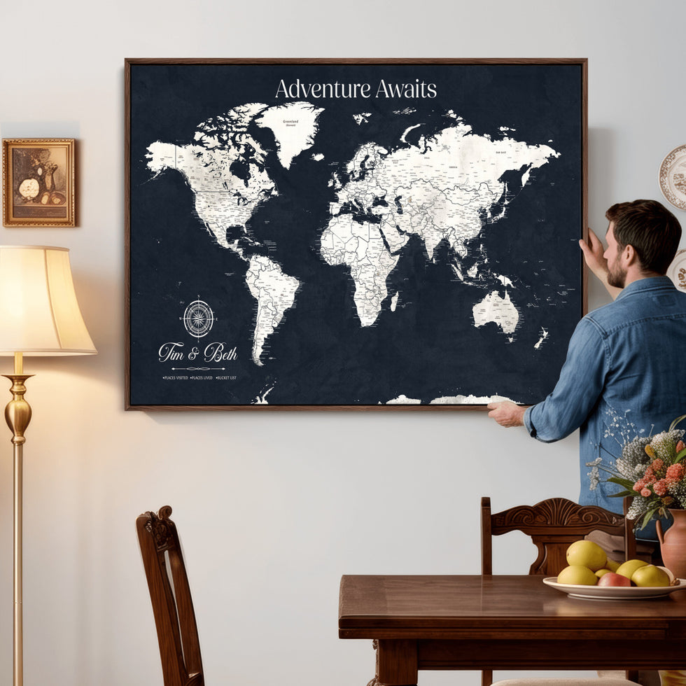 Custom World Map Wall Art Canvas Print – Personalized Push Pin Travel ...