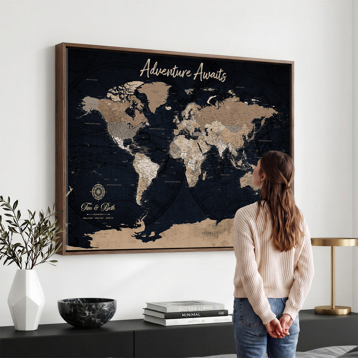 66938317-MGV-CV-36X24 - Custom Push Pin World Map Wall Art Canvas Print | Personalized Travel Tracker with Pins Framed Large for Home and Office Decor