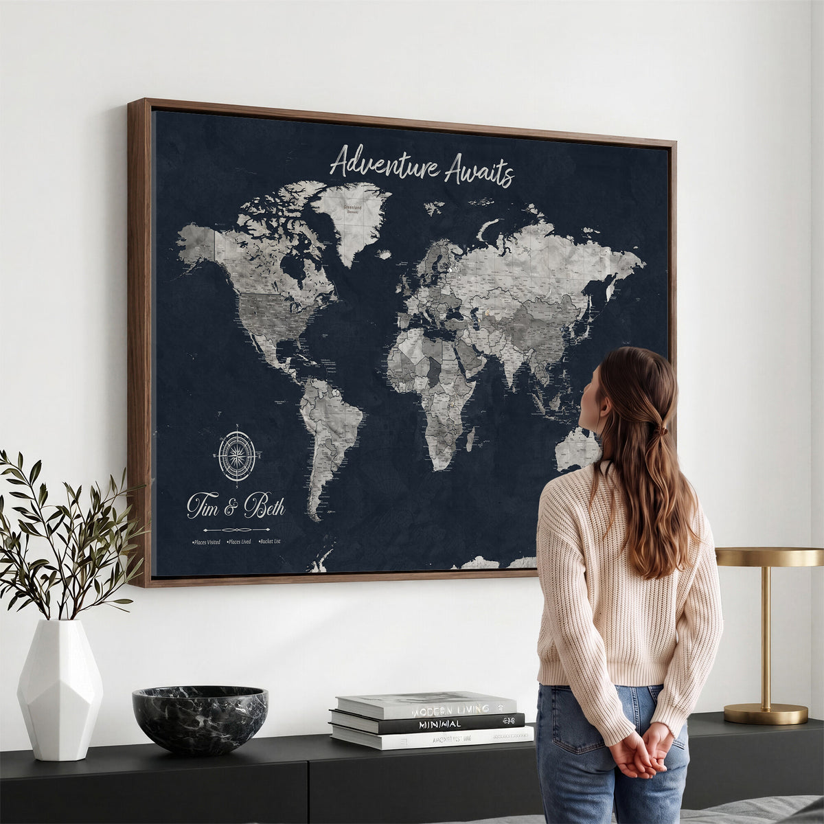 32031089-MGV-CV-36X24 - Custom Push Pin World Map Wall Art Canvas Print | Personalized Travel Tracker with Pins Framed Large for Home and Office Decor