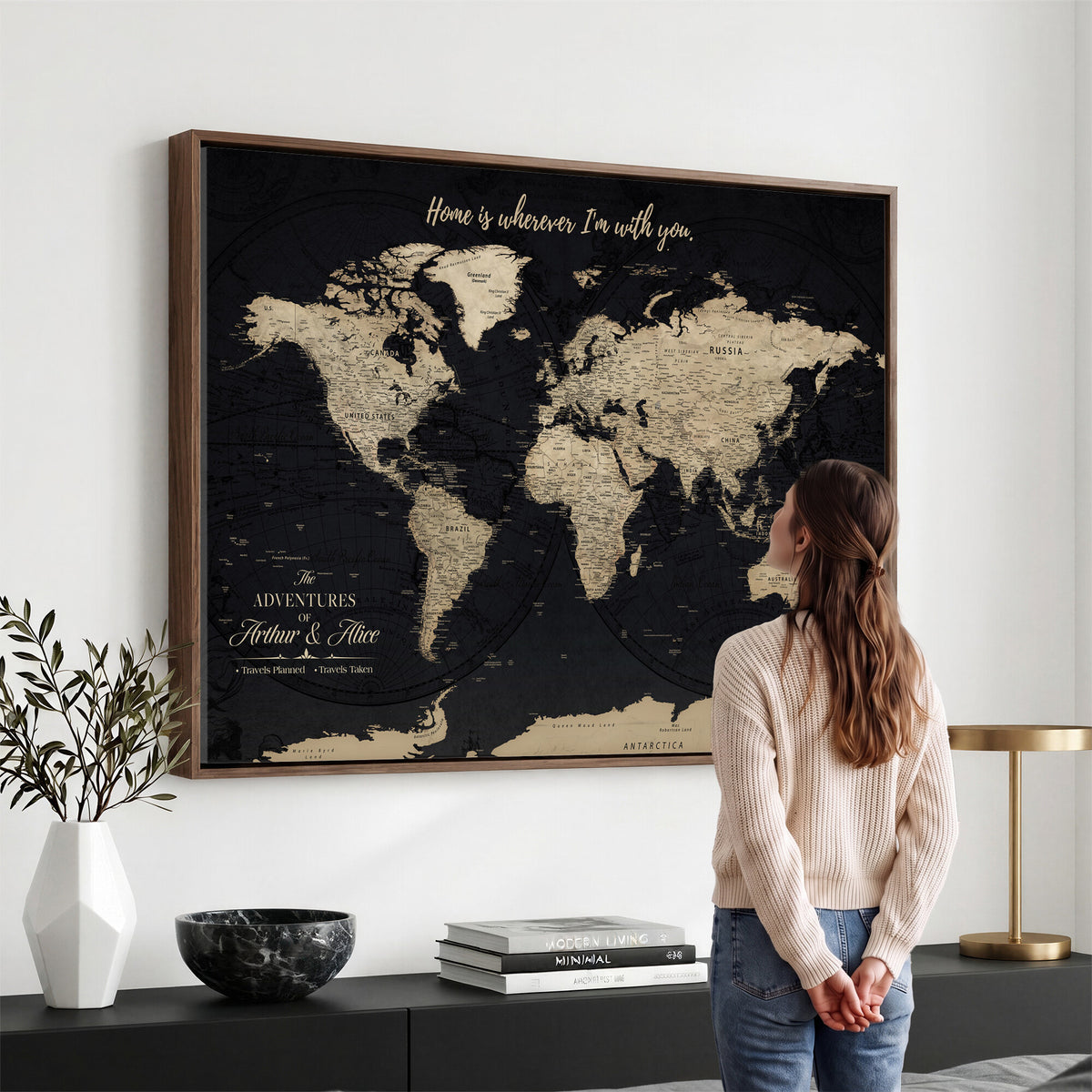 31416046-MGV-CV-36X24 - Custom Framed Beige Vintage Push Pin Travel Map Canvas Print, Honeymoon and Anniversary Gift, Study and Hallway Decor