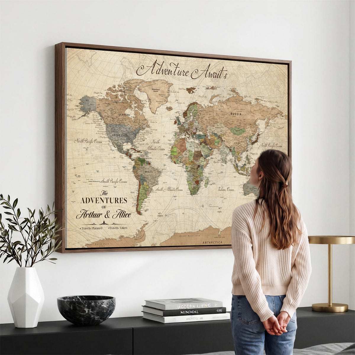 18308111-MGV-CV-36X24 - Custom Push Pin World Map Wall Art Canvas Print | Personalized Travel Tracker with Pins Framed Large for Home and Office Decor
