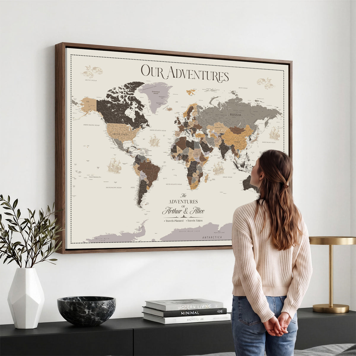 66301646-MGV-CV-36X24 - Custom Push Pin World Map Wall Art Canvas Print | Personalized Travel Tracker with Pins Framed Large for Home and Office Decor