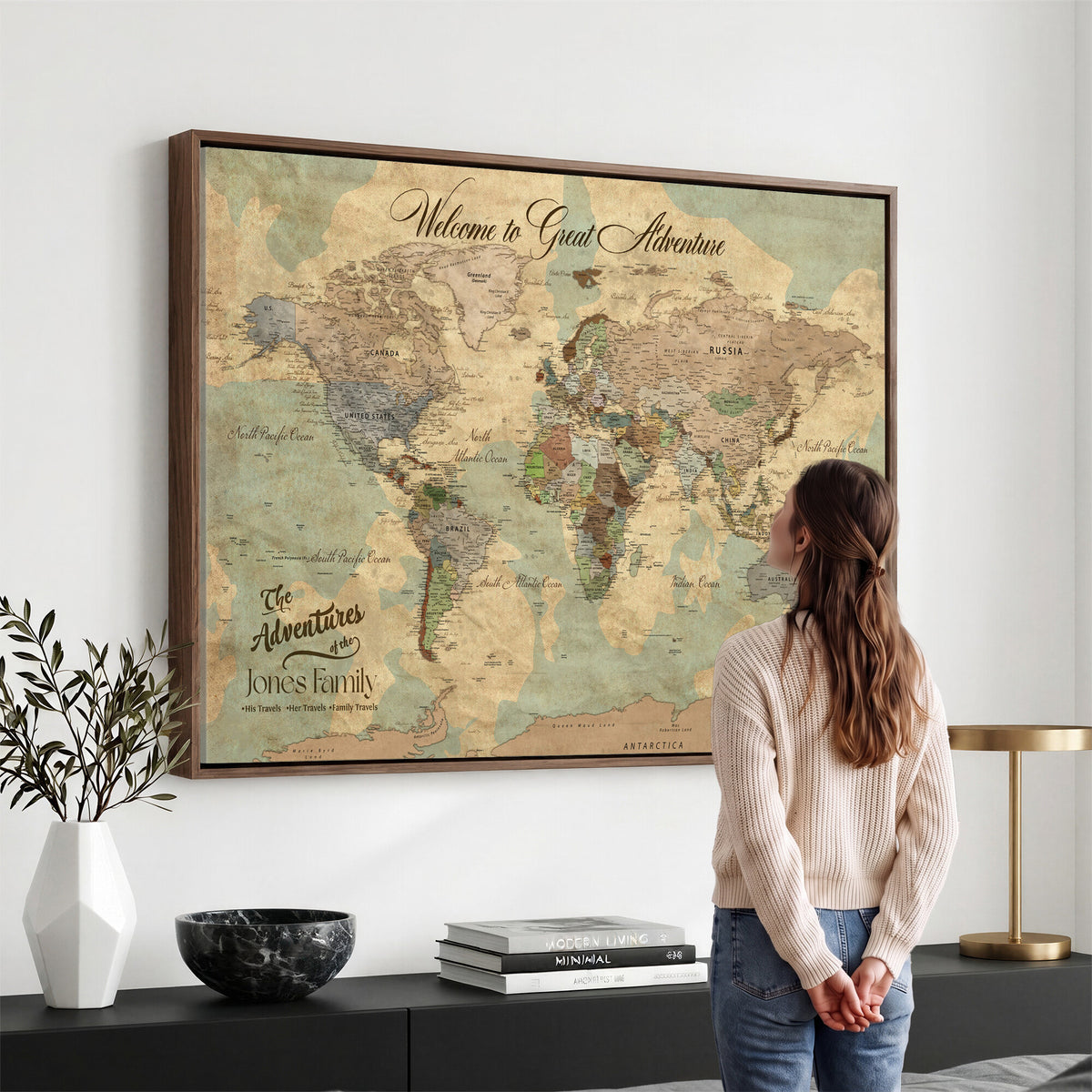 38092909-MGV-CV-36X24 - Personalized Framed Navy Vintage Push Pin World Map Wall Art, Places Visited Tracker, Bedroom and Hallway Decor