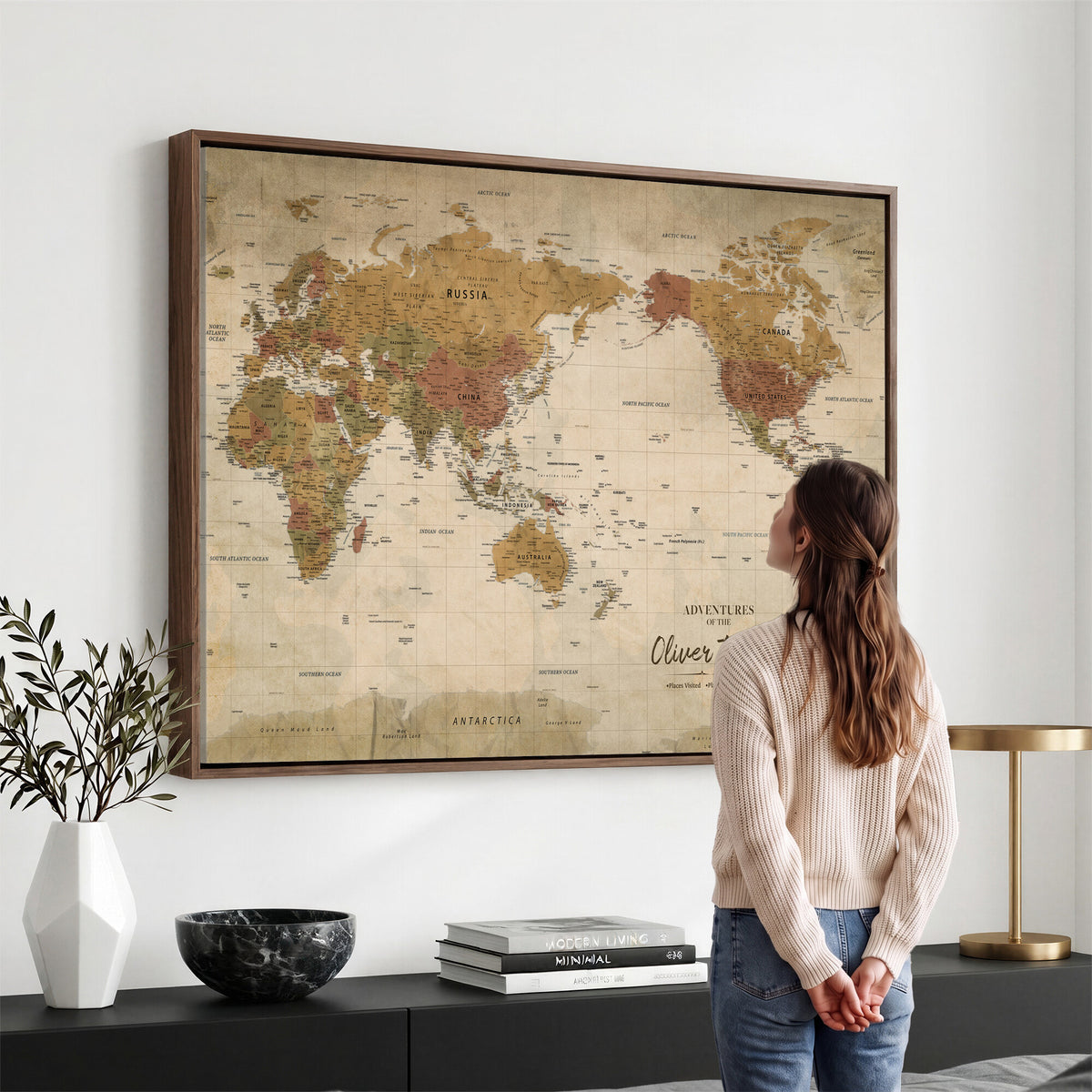 19347393-MGV-CV-36X24 - Personalized Framed Navy Modern World Map Canvas with Push Pins, Bucket List Map, Living Room and Entryway Decor