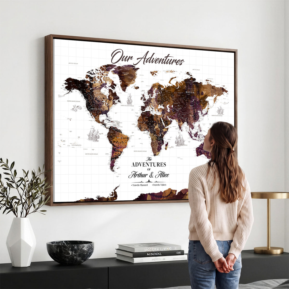 95729279-MGV-CV-36X24 - Personalized Framed Beige Vintage Push Pin Travel Map Canvas Print, Next Trip Planner Map, Home Office and Entryway Decor