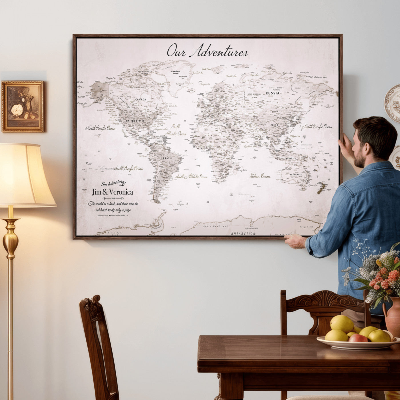 62392749-MGV-CV-36X24 - Custom Push Pin World Map Wall Art Canvas Print – Personalized Travel Tracker with Pins Framed Large for Home and Office Decor