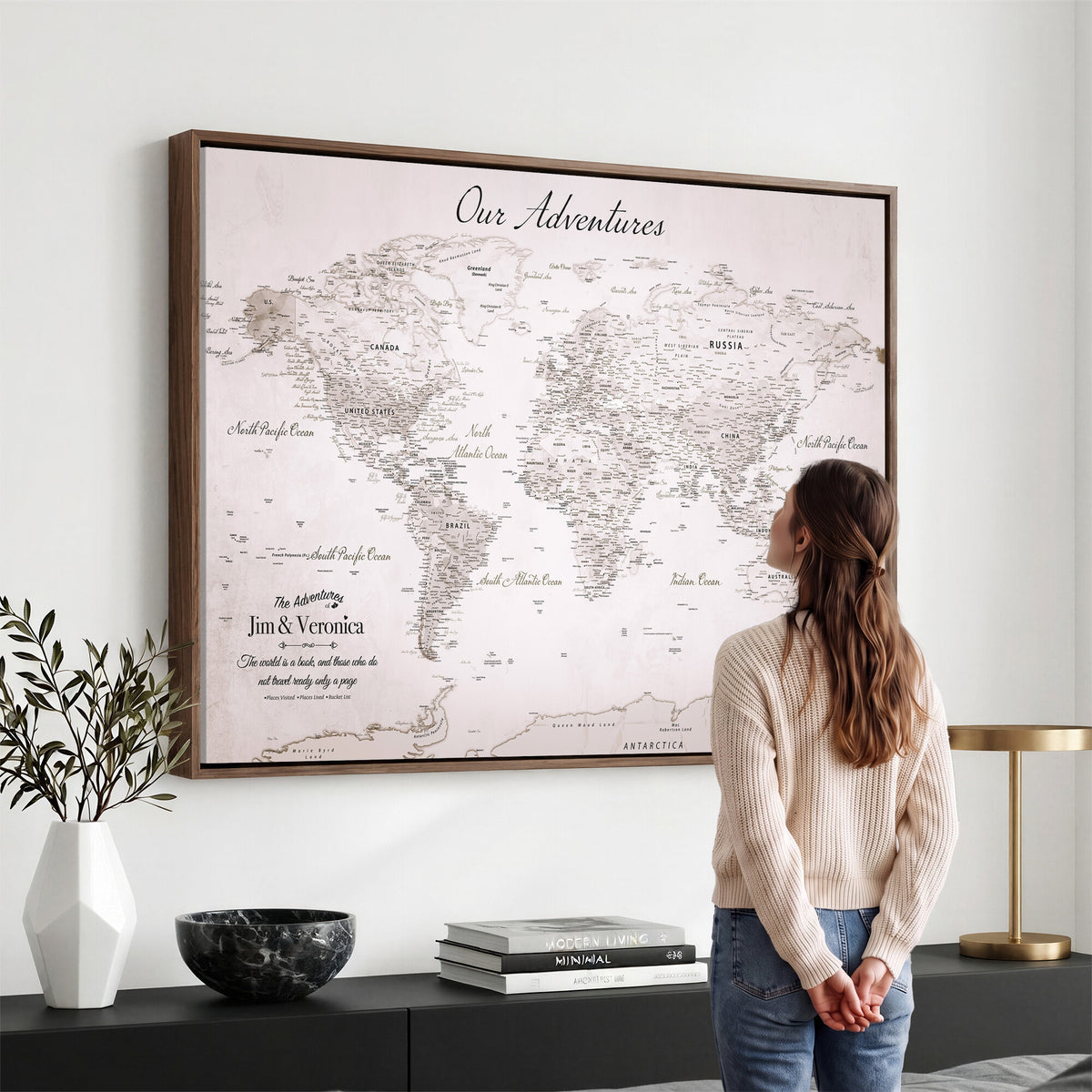 62392749-MGV-CV-36X24 - Personalized Beige Vintage World Travel Map Wall Art with Pins, Honeymoon and Anniversary Gift, Entryway and Hallway Decor