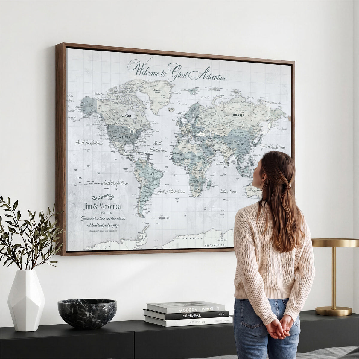 55391088-MGV-CV-36X24 - Personalized Beige Antique Push Pin World Map Canvas Print, Family Travel Tracker, Family Room and Entryway Decor
