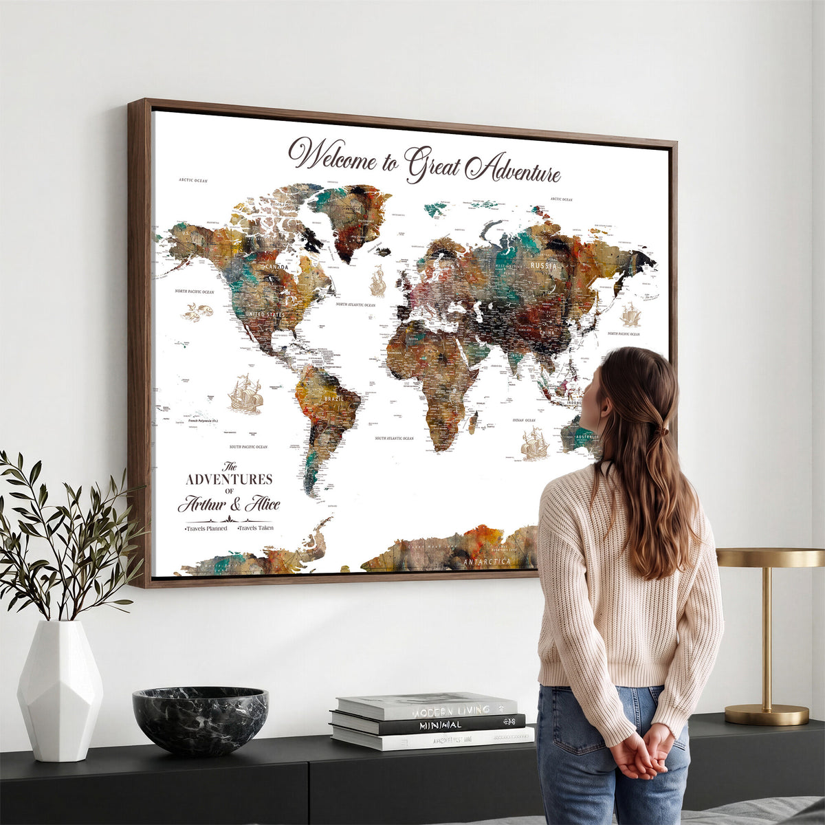 20271103-MGV-CV-36X24 - Custom Framed Beige Modern Push Pin World Map Wall Art, Couples Countries Visited Map, Study and Entryway Decor