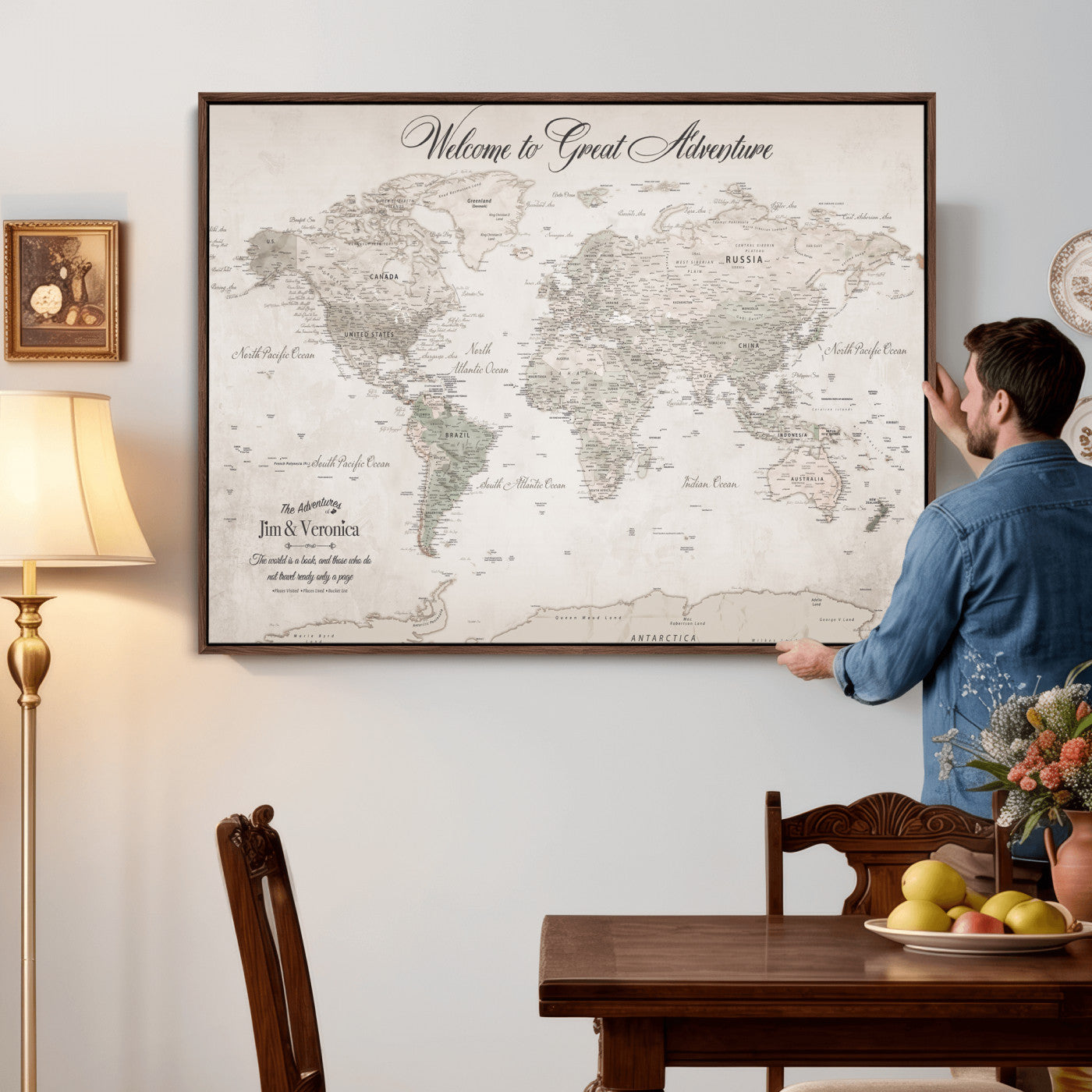 84311132-MGV-CV-36X24 - Custom Push Pin World Map Wall Art Canvas Print – Personalized Travel Tracker with Pins Framed Large for Home and Office Decor