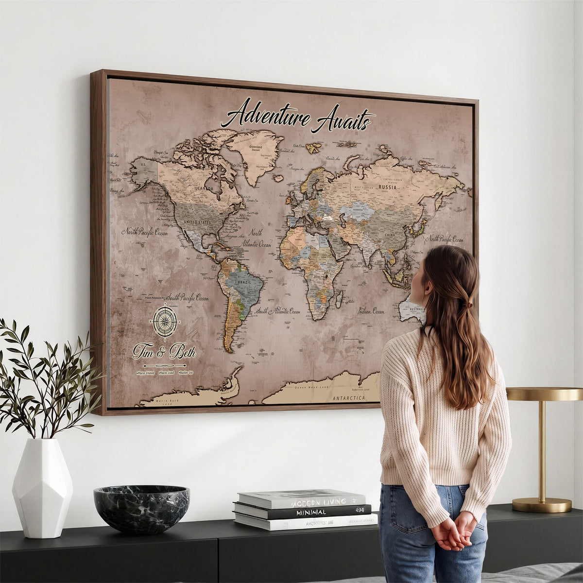 30508877-MGV-CV-36X24 - Custom Push Pin World Map Wall Art Canvas Print | Personalized Travel Tracker