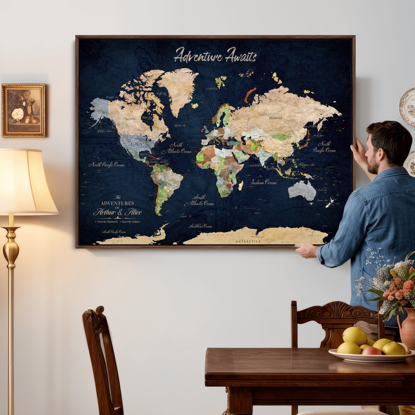 39120422-MGV-CV-36X24 - Custom Push Pin World Map Wall Art Canvas Print – Personalized Travel Tracker with Pins Framed Large for Home and Office Decor