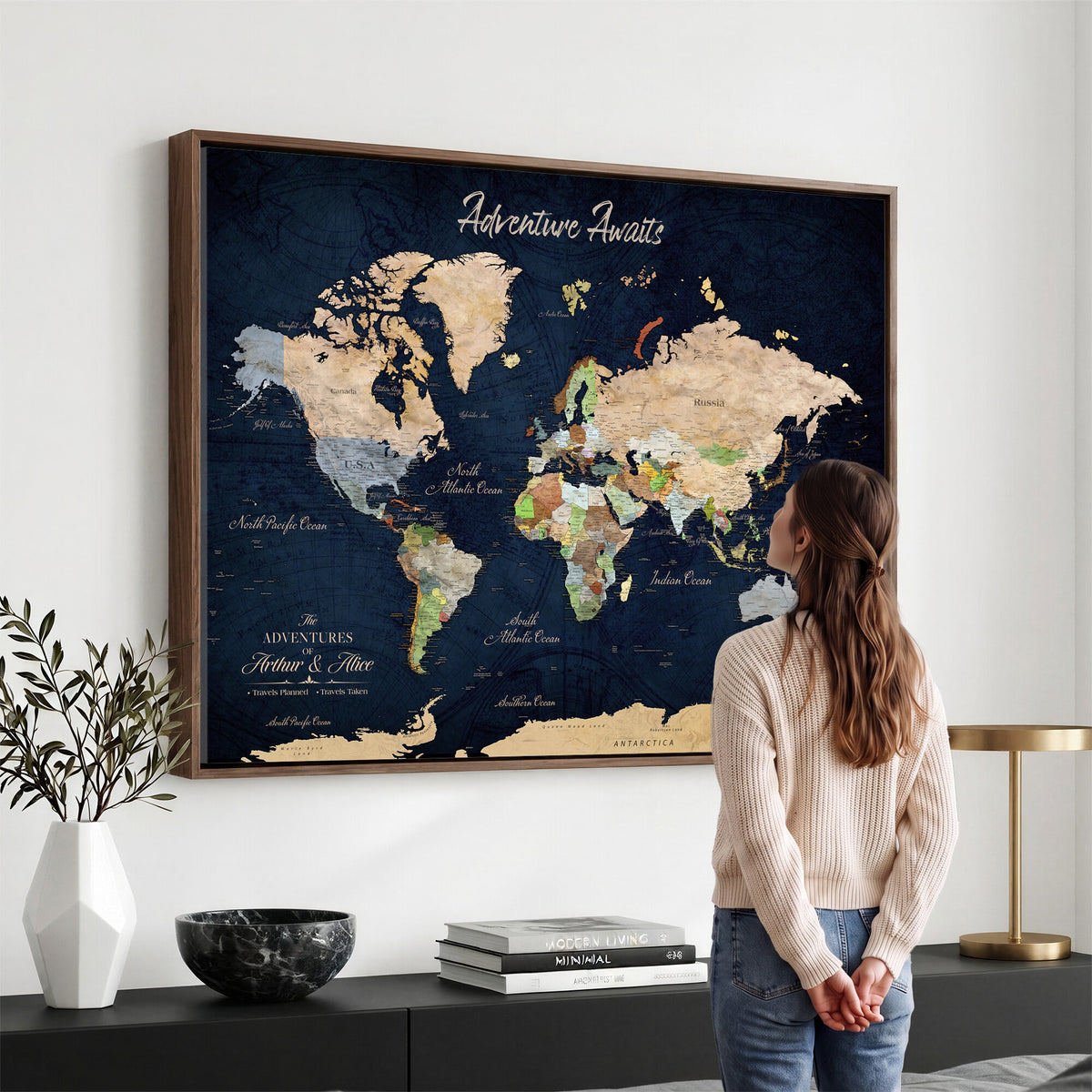39120422-MGV-CV-36X24 - Personalized Beige Antique Push Pin Travel Map Canvas Print, Bucket List Map, Dining Room and Entryway Decor