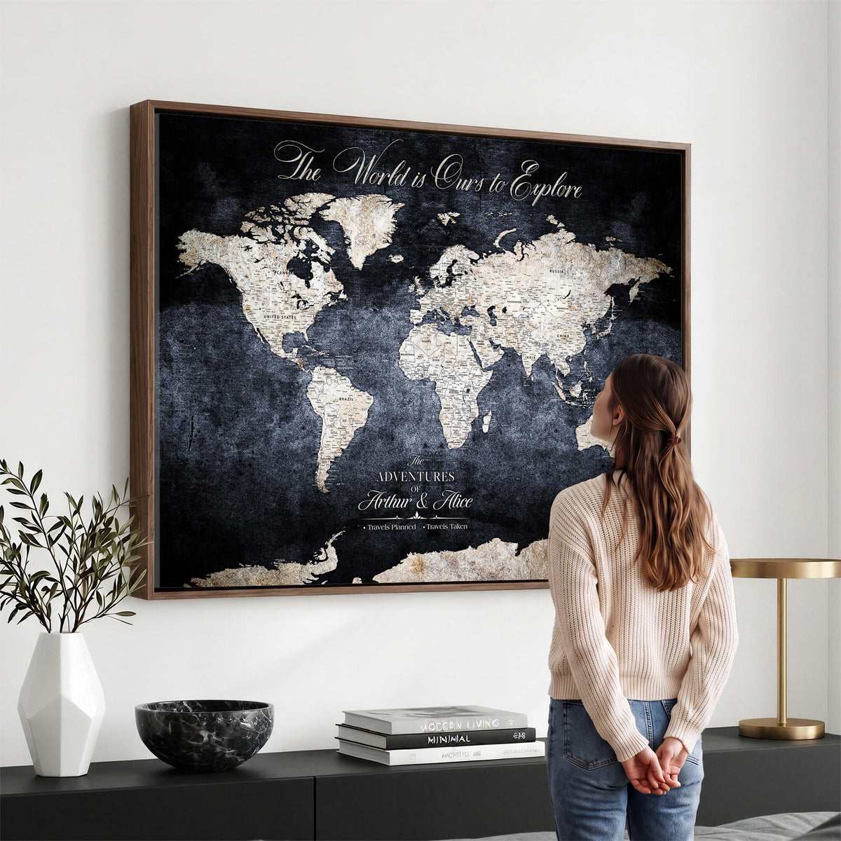 78489746-MGV-CV-36X24 - Custom Push Pin World Map Wall Art Canvas Print | Personalized Travel Tracker with Pins Framed Large for Home and Office Decor