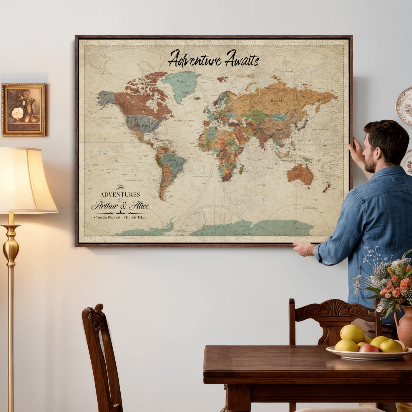 10741176-MGV-CV-36X24 - Custom Push Pin World Map Wall Art Canvas Print – Personalized Travel Tracker with Pins Framed Large for Home and Office Decor