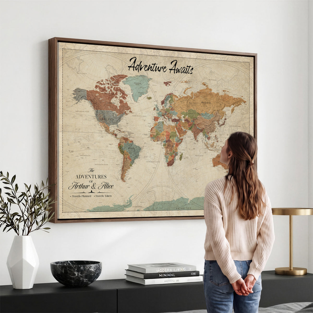 10741176-MGV-CV-36X24 - Custom Push Pin World Map Wall Art Canvas Print | Personalized Travel Tracker with Pins Framed Large for Home and Office Decor