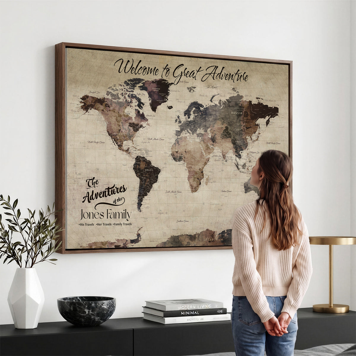25688366-MGV-CV-36X24 - Custom Push Pin World Map Wall Art Canvas Print | Personalized Travel Tracker with Pins Framed Large for Home and Office Decor